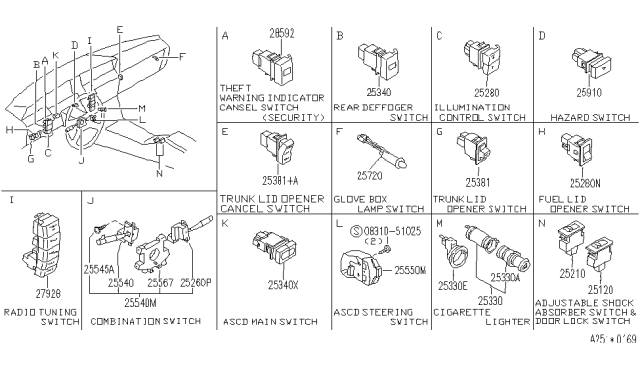 1991 Infiniti M30 Switch Assembly-Fuel Lid Opener Diagram for 25280-F6600