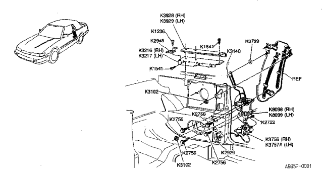 1991 Infiniti M30 Regulator Assembly-Side Window Less Motor LH Diagram for K8099-9X001
