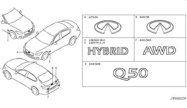 2018 Infiniti Q50 Radiator Grille Emblem Diagram for 62890-4HB0A