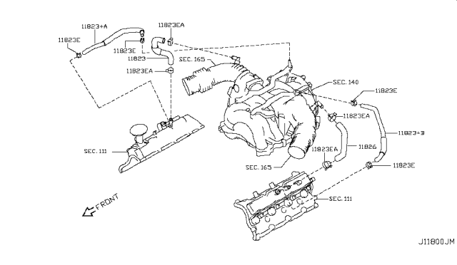 2013 Infiniti FX50 Blow By Gas Hose Assembly Diagram for 11823-1CA0C