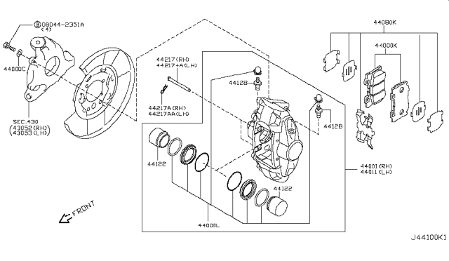 2009 Infiniti FX50 CALIPER Assembly-Rear RH,W/O Pads Or SHIMS Diagram for 44001-1BA0A