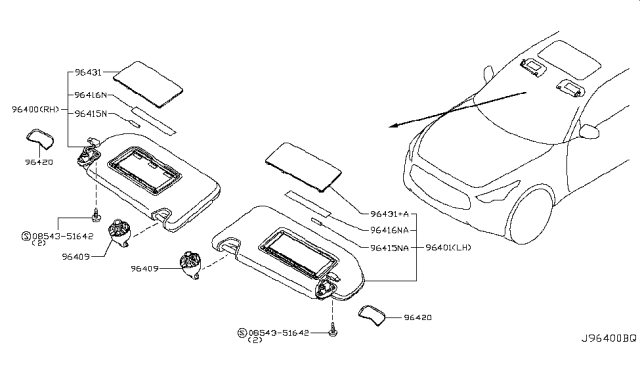 2009 Infiniti FX50 Driver Sun Visor Assembly Diagram for 96401-1CA0E