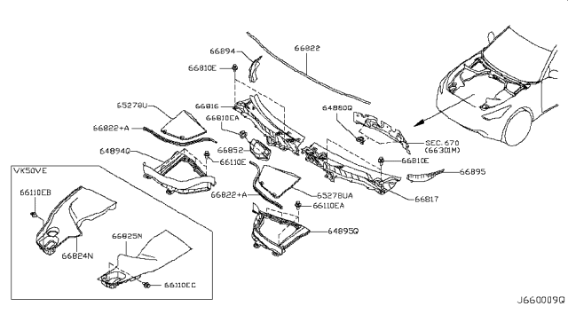 2009 Infiniti FX35 or FX50 Cowl Top & Fitting Diagram