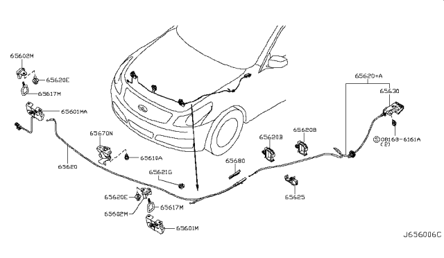 2008 Infiniti G35 Hood Lock Control Cable Assembly Diagram for 65620-JK61A