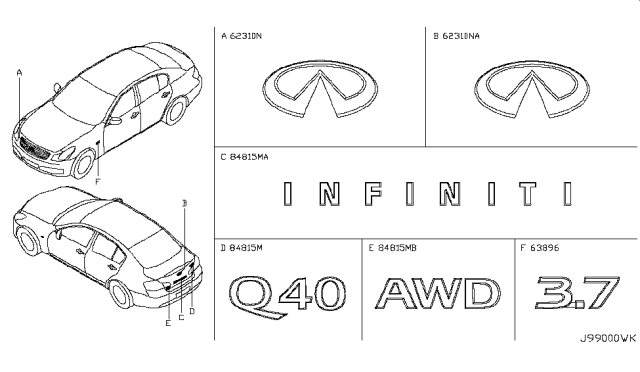 2015 Infiniti Q40 Radiator Grille Emblem Diagram for 62890-1NF1A
