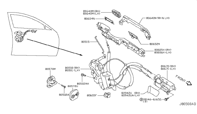 2012 Infiniti G25 Front Door Lock & Remote Control Assembly, Right Diagram for 80500-JK600