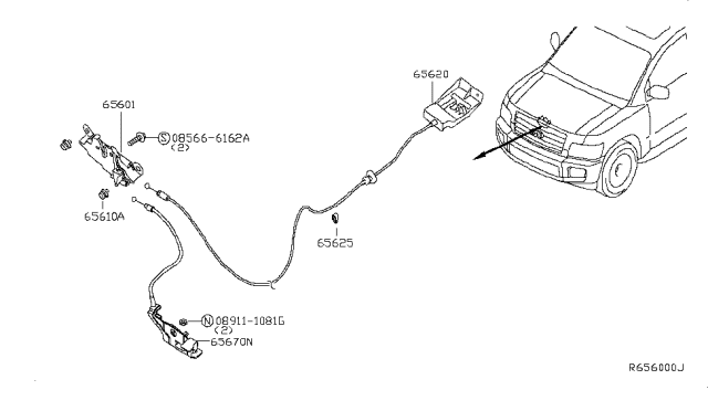 2007 Infiniti QX56 Hood Lock Control Cable Assembly Diagram for 65620-7S000