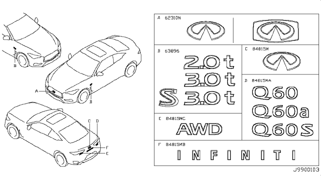 2017 Infiniti Q60 Radiator Grille Emblem Diagram for 62890-5CB0A