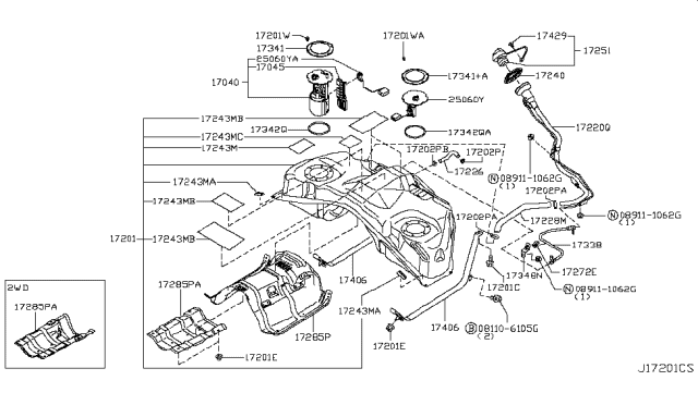 2011 Infiniti EX35 Filler Cap Assembly Diagram for 17251-1NC0A
