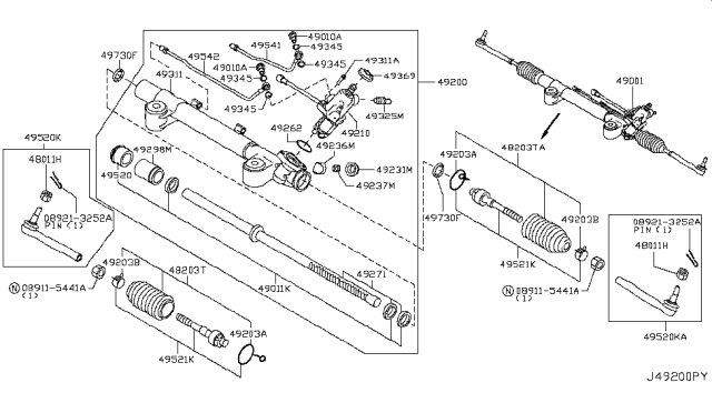 2011 Infiniti EX35 Power Steering Gear & Linkage Assembly Diagram for 49001-1BA0A