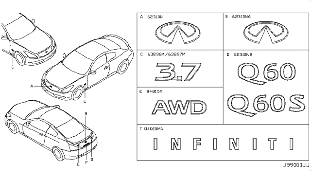 2013 Infiniti G37 Radiator Grille Emblem Diagram for 62890-JL00A