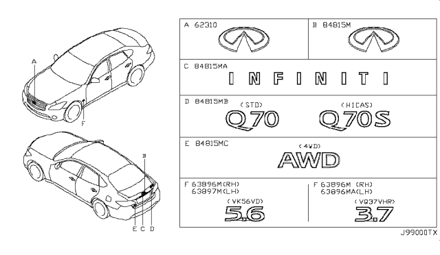 2015 Infiniti Q70L Front Emblem Diagram for 62890-4AM0A