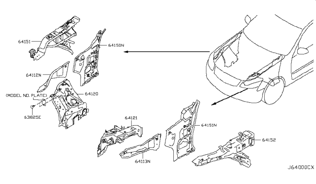 2008 Infiniti M35 Hoodledge-Upper,LH Diagram for 64113-EJ20A