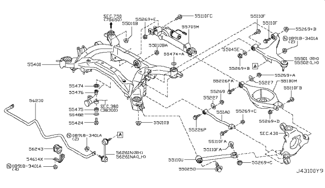 2008 Infiniti M45 Rear Suspension Front Lower Link Complete Diagram for 551A0-EG000