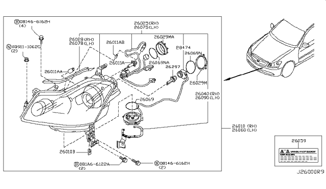 2009 Infiniti M35 Headlamp Housing Assembly, Right Diagram for 26025-EH10D