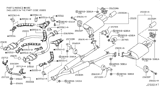 2009 Infiniti M45 Exhaust Main Muffler Assembly Diagram for 20100-EH005
