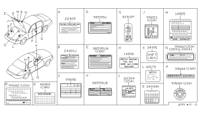 1996 Infiniti J30 Label-Parts Content Diagram for 990A2-22Y00