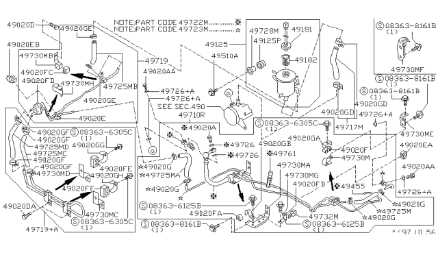 1994 Infiniti J30 Power Steering Suction Hose Assembly Diagram for 49717-11Y00