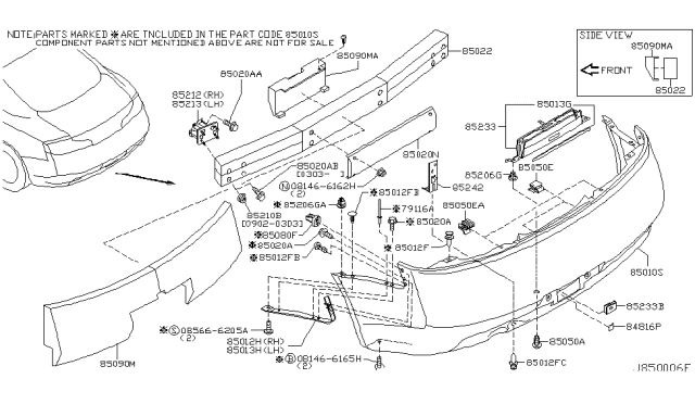 2005 Infiniti G35 Rear Bumper Fascia Kit Diagram for 85022-AC125