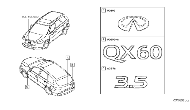 2015 Infiniti QX60 Back Door Emblem Diagram for 90890-3JA0A