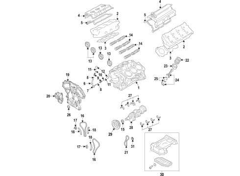 2020 Infiniti Q60 Engine Parts, Mounts, Cylinder Head & Valves, Camshaft & Timing, Variable Valve Timing, Oil Cooler, Oil Pan, Oil Pump, Balance Shafts, Crankshaft & Bearings, Pistons, Rings & Bearings Diagram 2